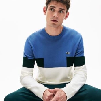 Lacoste Crew Neck Colorblock Wool And Cotton Blend Sweater - Svetr Pánské Bílé / Blankyt / Zelene |